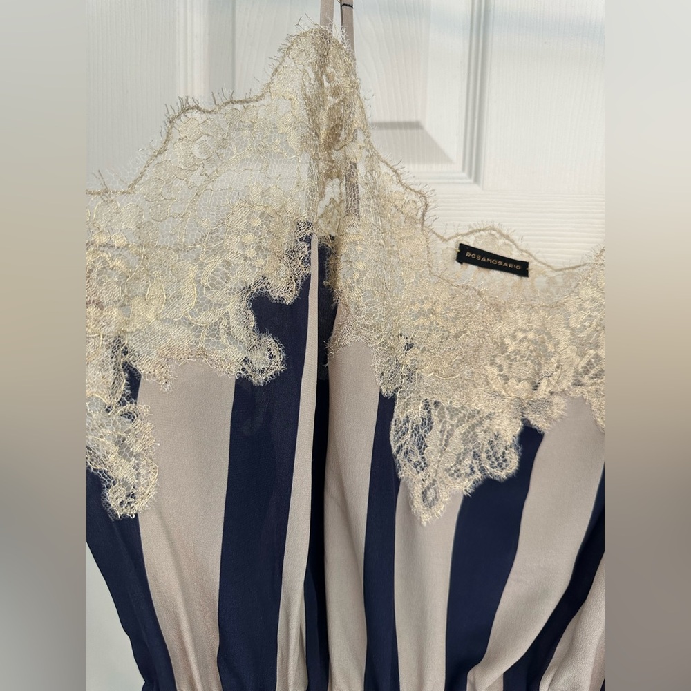 Rosamosario 100% Silk Bodysuit Playsuit Navy Cream Stripes Champagne Lace Silk - Picture 9 of 17